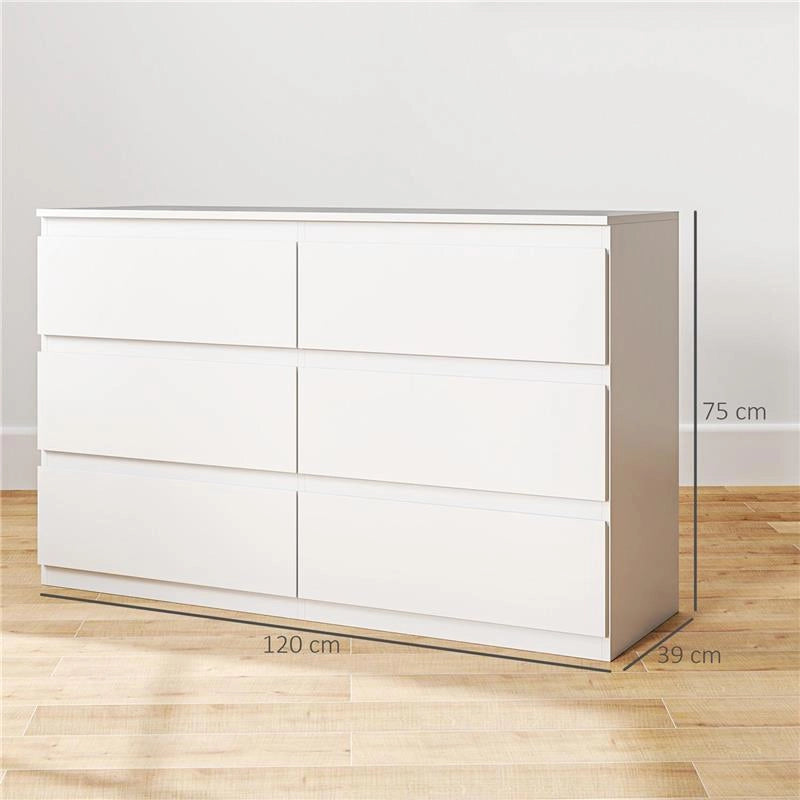 CASSETTIERA 6 CASSETTI PER CAMERA DA LETTO IN LEGNO CON GUIDE IN METALLO 120X39X75 CM BIANCO