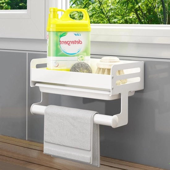 Organizzatore per bacinella - accessorio cucina - appendi asciuga - fissaggio alla parete - organizzatore per bacinella - accessorio cucina - set per pulizia - bacinella - zeppa - spugna - set per pulizia - bianco