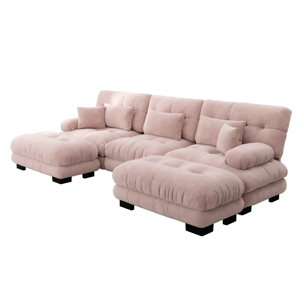 Divano modulare con ottomane mobili in chenille rosa; configurazione U o angolare