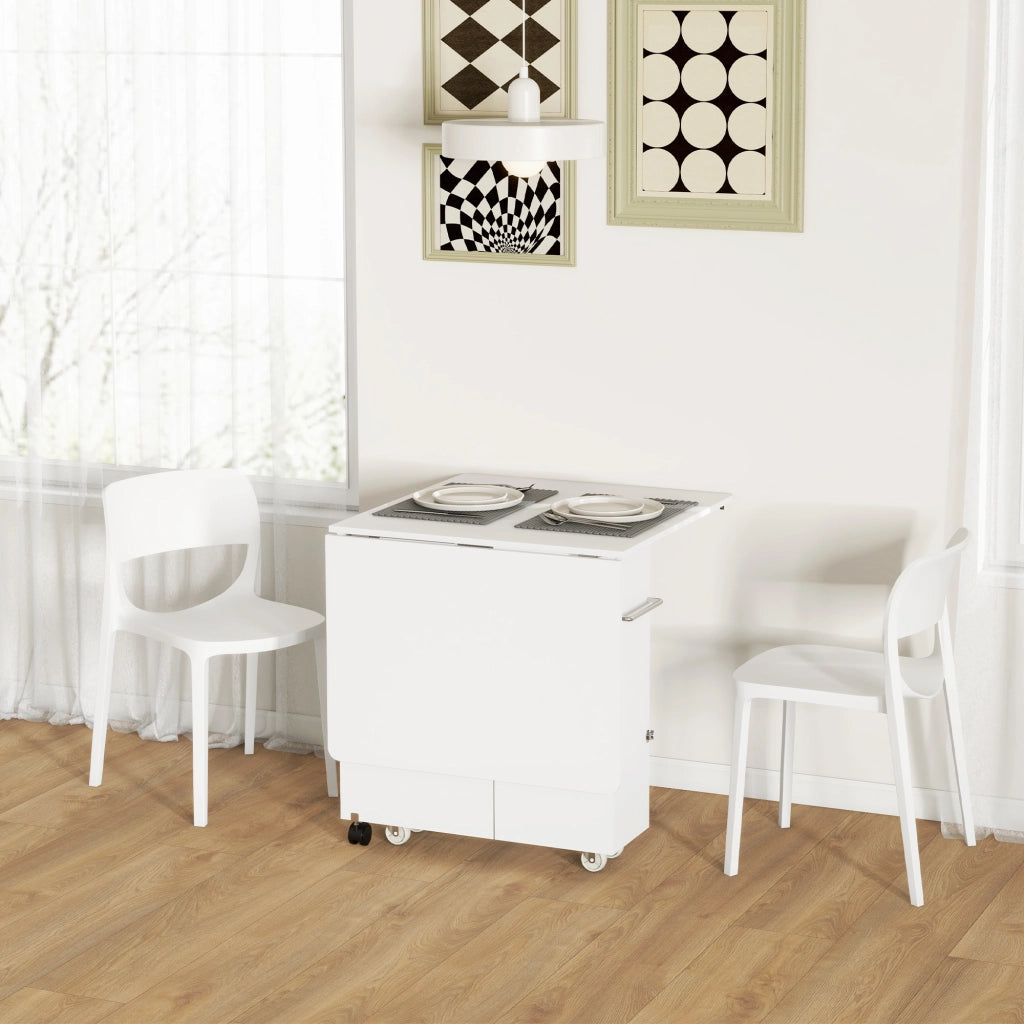 Tavolo a Ribalta Pieghevole con Ripiani a 3 Livelli, Box e Rotelle, in MDF, 130x80x76.5 cm, Bianco