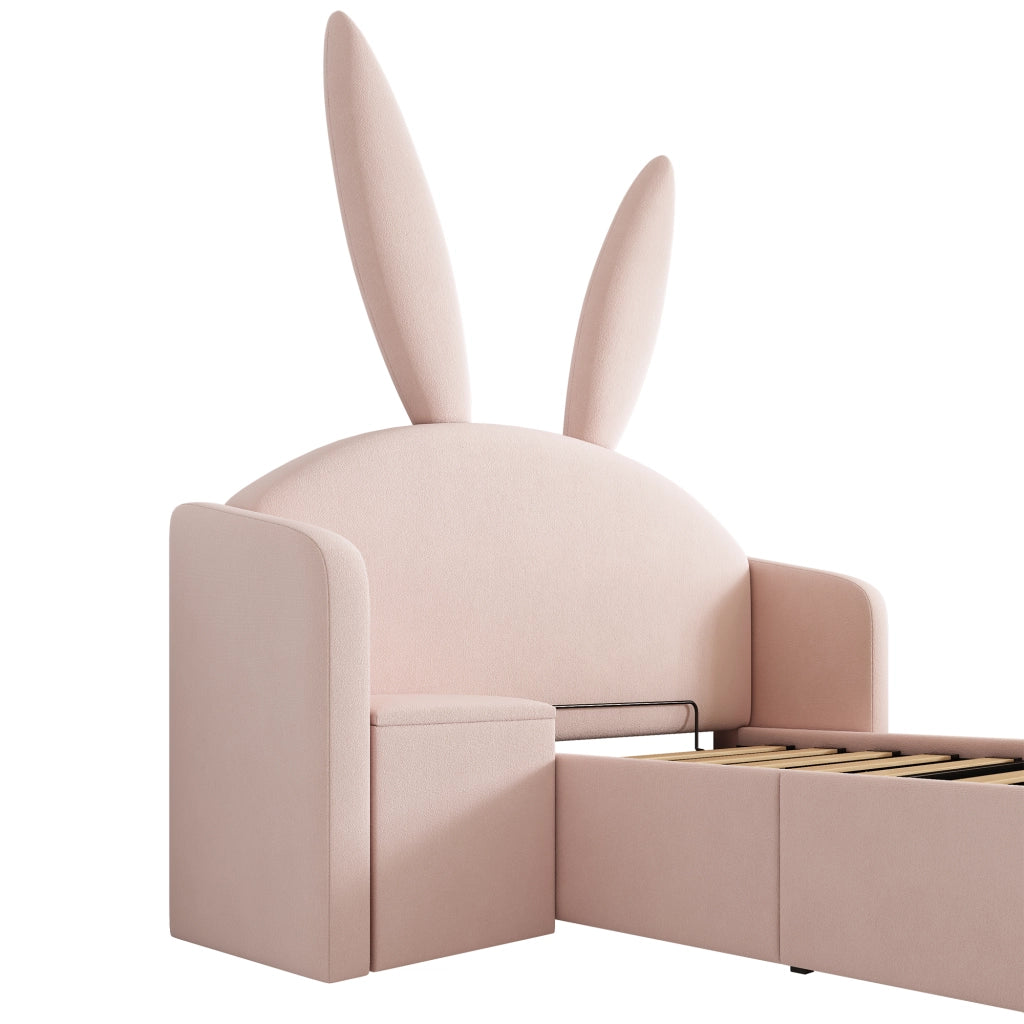 Letto per bambini 90 × 200 cm con testiera imbottita a orecchie di coniglio, contenitore laterale, senza materasso, rosa in velluto