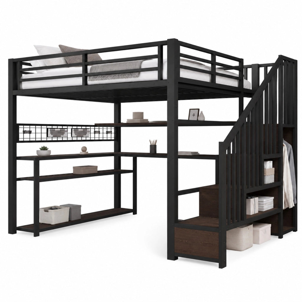 Letto a soppalco 140x200 cm con LED; scrivania e armadio in MDF e metallo nero
