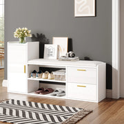 Scarpiera con 2 cassetti e 1 anta, seduta imbottita e ripiani aperti, per ingresso, bianco 128 × 30 × 68 cm