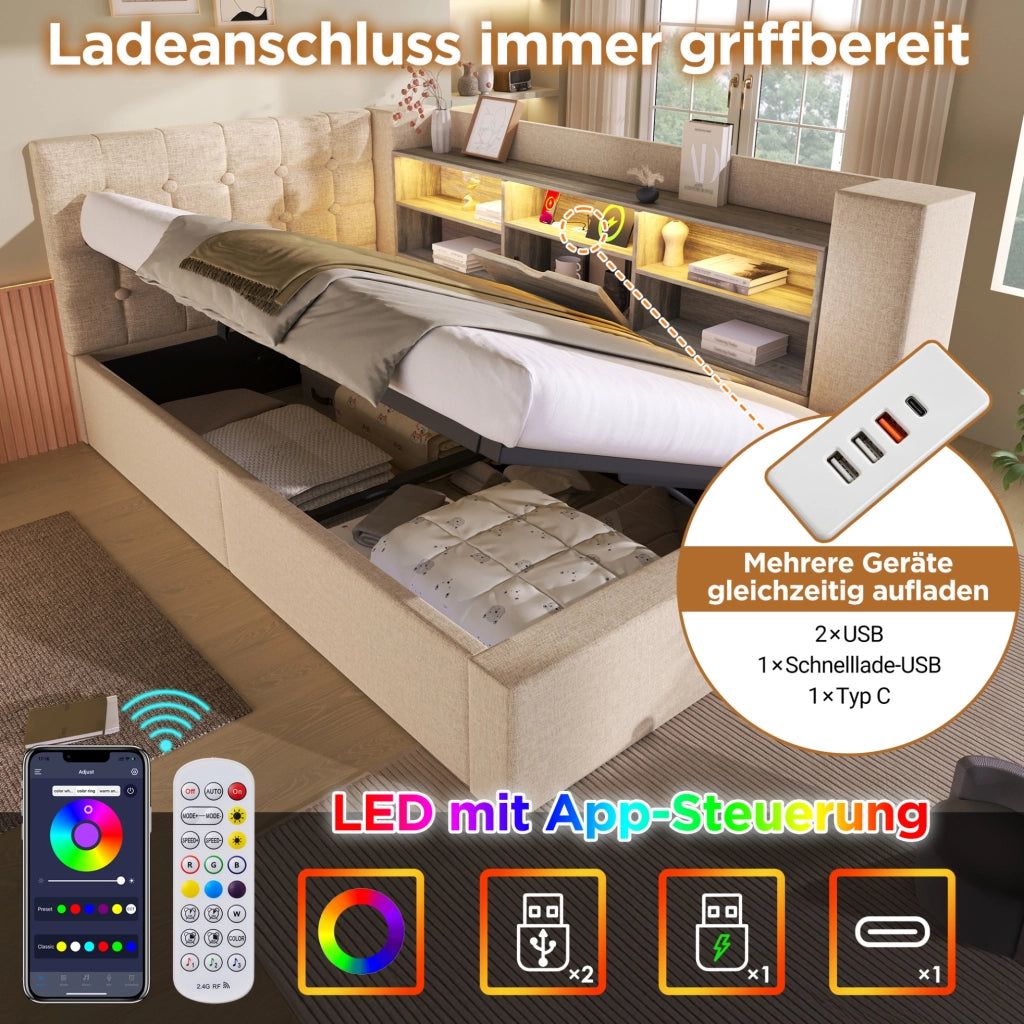 Letto matrimoniale 140x190 cm beige con LED e contenitore