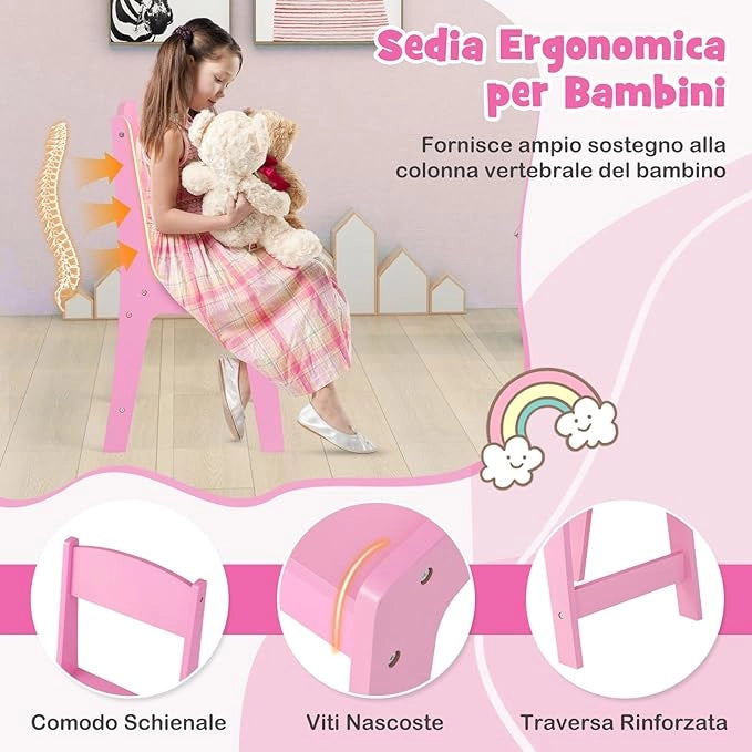 Toeletta Trucco 2 in 1 per Bambina, Specchiera Staccabile per Ragazza in Legno Robusto con 4 Cassetti in Tessuto, Sgabello e Specchio, Postazione Trucco per 3 Anni, 104 x 40 x 117 cm (Rosa)