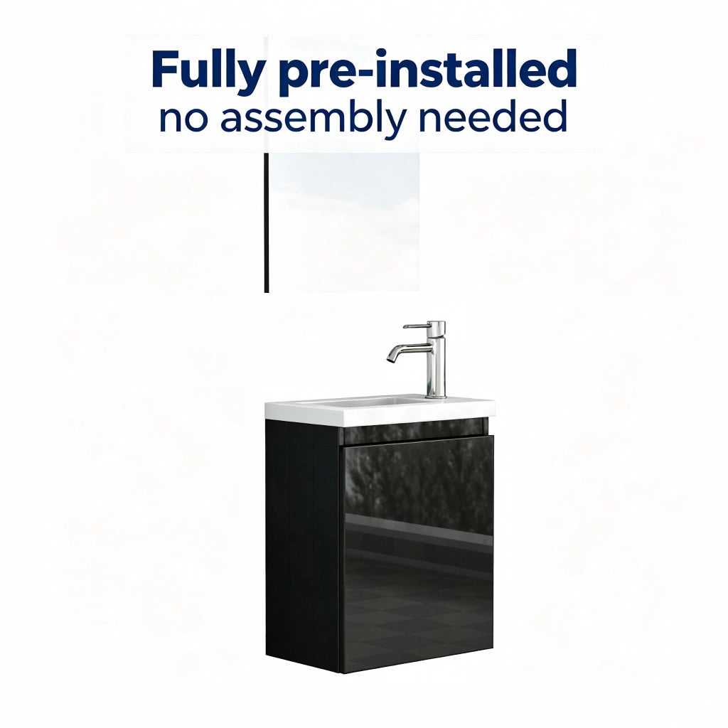 Mobiletto da bagno nero lucido da 40 cm, mobiletto a parete con lavabo in ceramica e specchio, design senza maniglie, cerniere con chiusura