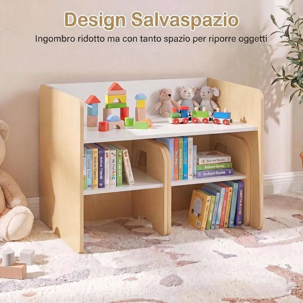 Set Tavolo e 2 Sedie per Bambini, Tavolo e Sedie Salvaspazio per Bambini 3+ Anni con Lavagna per Disegnare e Piedini Antiscivolo, per Camerette, Soggiorno e Studio (Naturale)
