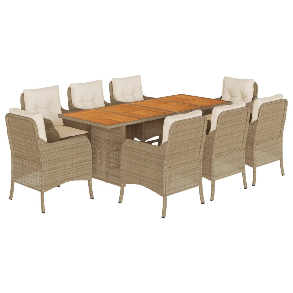 Set da Pranzo da Giardino 9 pz con Cuscini Beige in Polyrattan