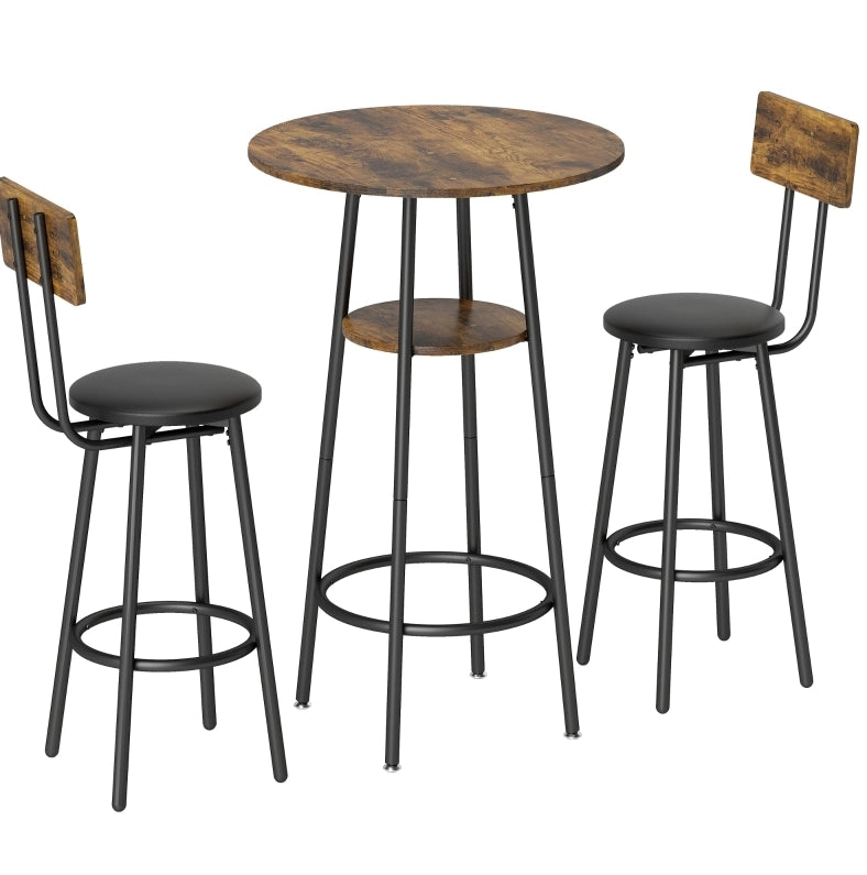 Set tavolo bar industriale con 2 sgabelli imbottiti marrone rustico