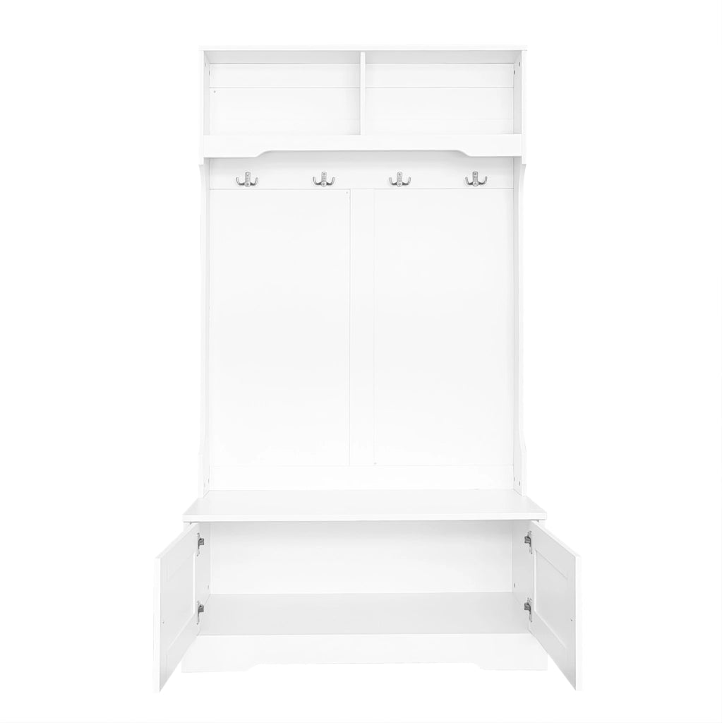 Mobile ingresso bianco con panca; 4 ganci e 2 vani aperti; 101;5 x 183 cm; in truciolare