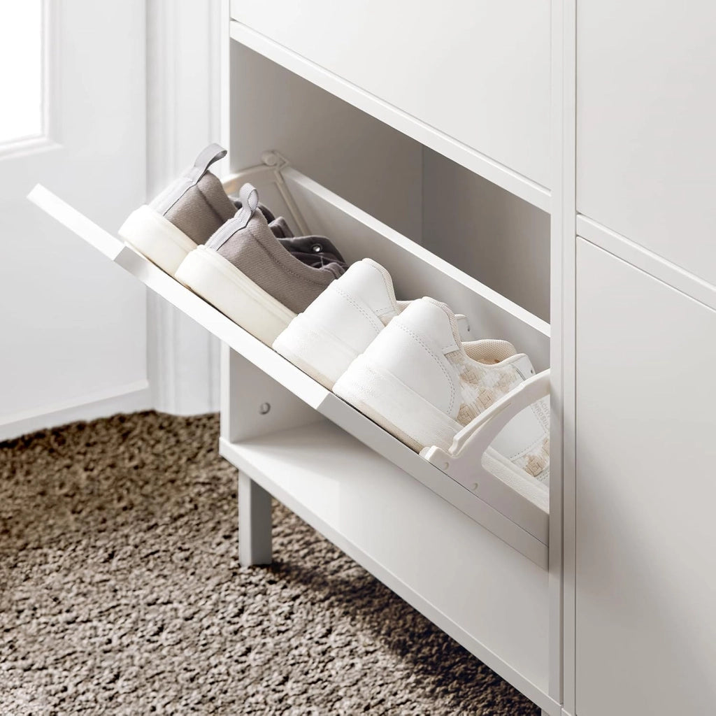 Scarpiera Salvaspazio Slim da Ingresso Mobile Portascarpe con 2 Ante a Ribalta Regolabili in Legno Armadio Scarpiera Alta e Stretta per Corridoio, 50x19x90 cm，Bianco, FSR151-W