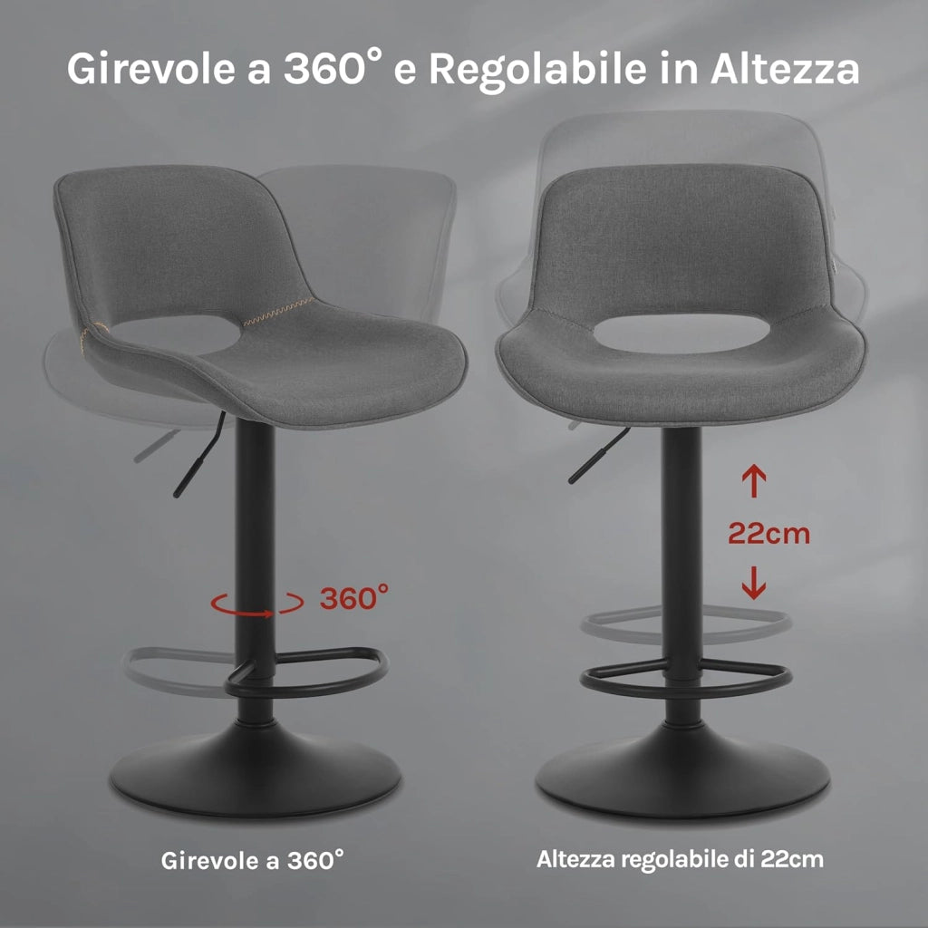Set di 2 Sgabelli da Cucina, Sedia da Bar in Lino, Sgabello Regolabile in Altezza, con Schienale, Seduta Imbottita Girevole a 360°, per Bistrot, Pub, Base in Metallo, Grigio, BH438gr-2