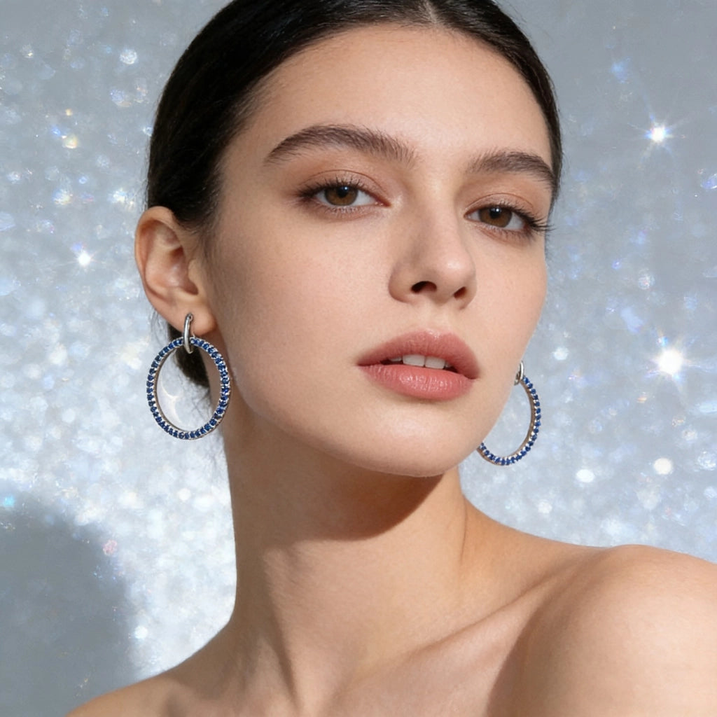 Orecchini in argento sterling S925 con borchie in zirconi blu e cerchi rotondi