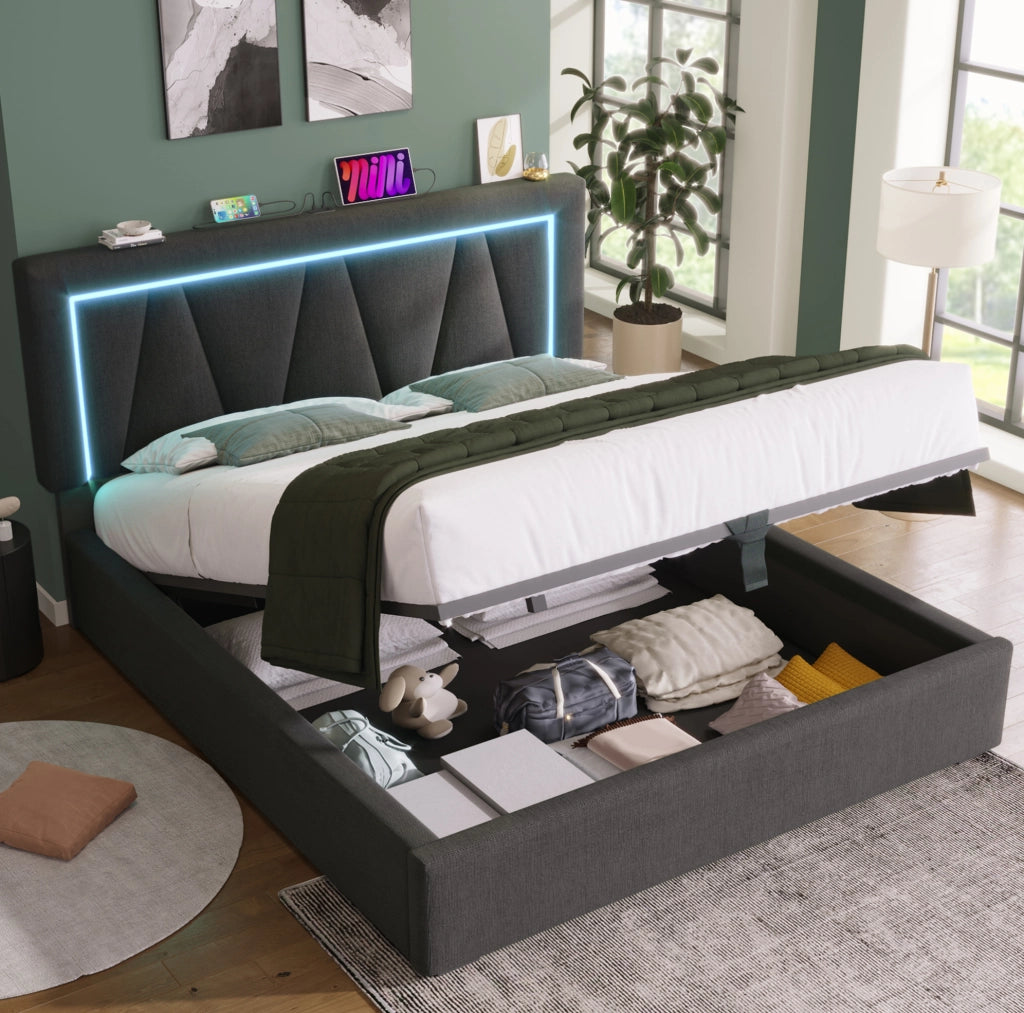 Letto imbottito 160x200 cm con LED; USB e Type-C; contenitore; materasso incluso; grigio