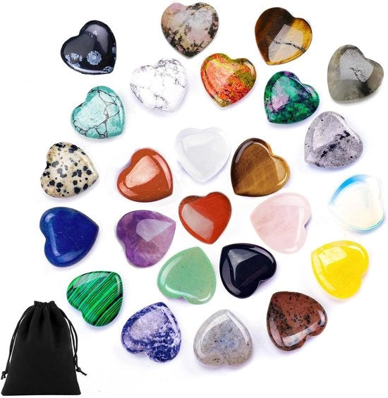 25 pezzi di cristalli energetici naturali pietre del cuore per chakra in sacchetto di flanella con pietre del cuore - pietre da sacchetto