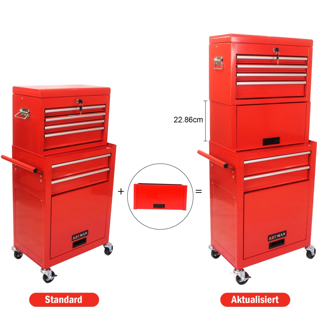 Carrello portautensili rosso con 6 cassetti, ruote e chiusura