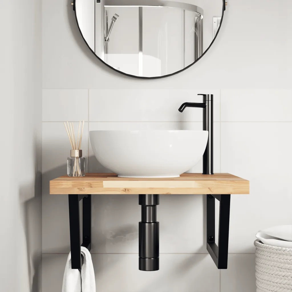 Ripiano a Parete per Lavabo-Mensole a Muro in Acciaio e Massello di Acacia 705938