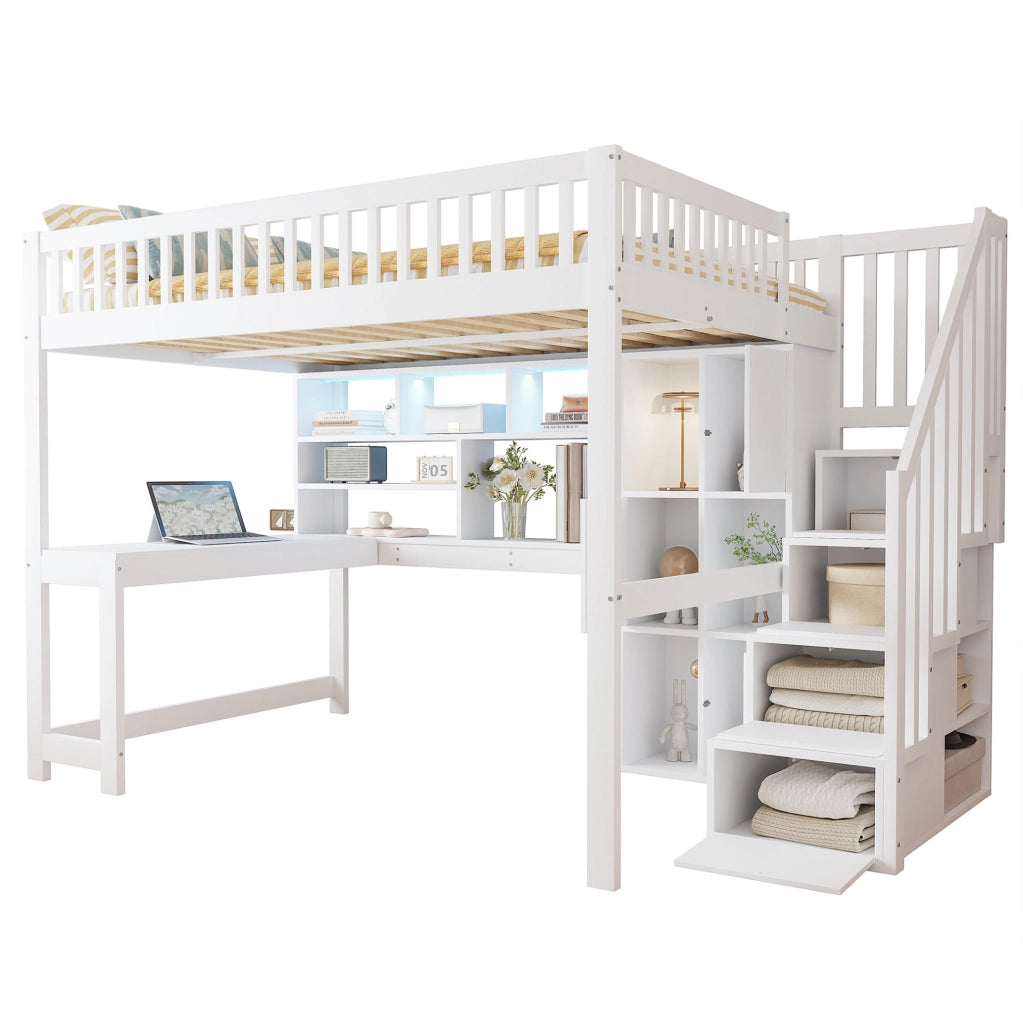 Letto a soppalco 140x200 cm con LED; scala contenitore; ripiani e scrivania; bianco