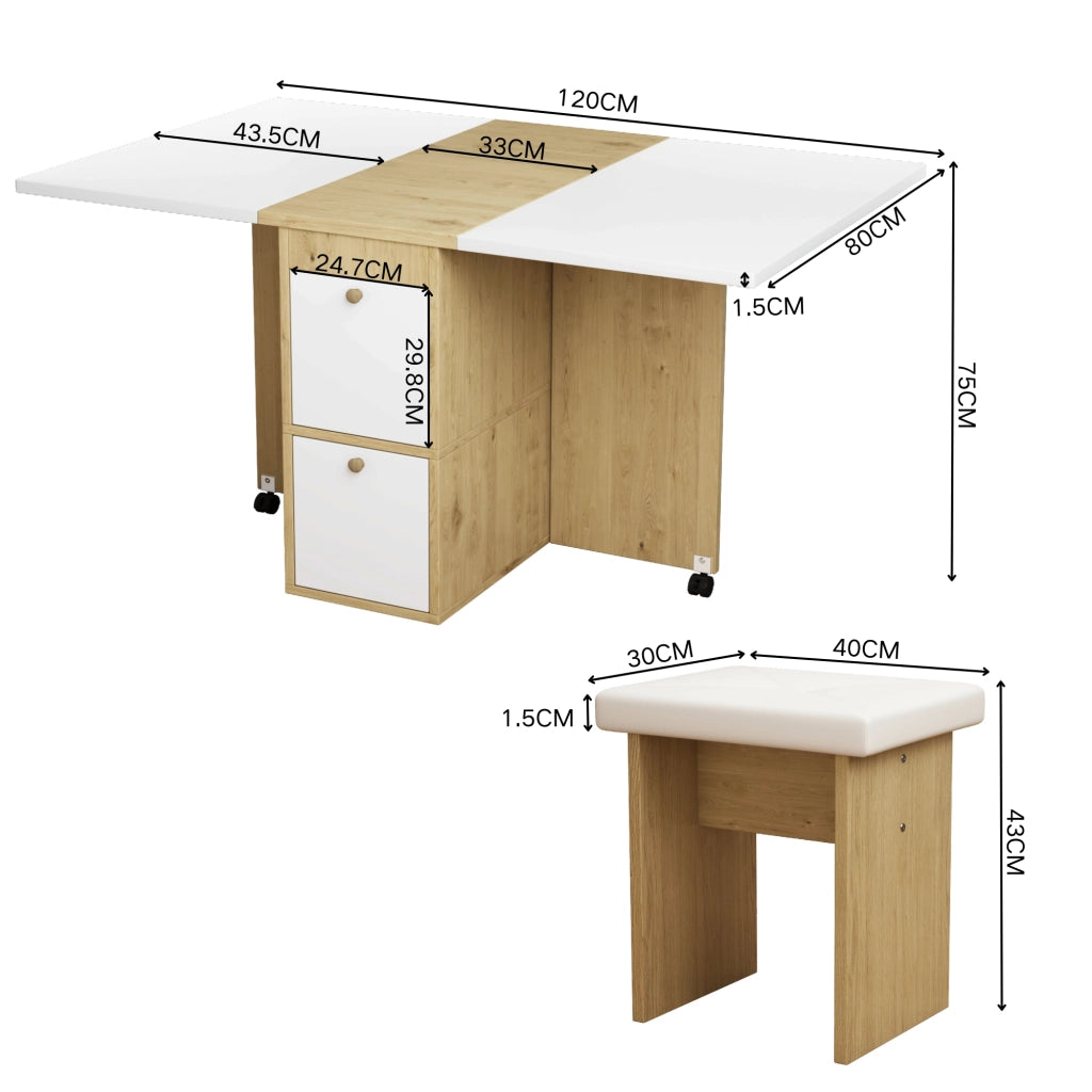 Set tavolo da pranzo con 4 sedie; tavolo pieghevole e allungabile 120x80x75 cm multifunzione; bianco e rovere