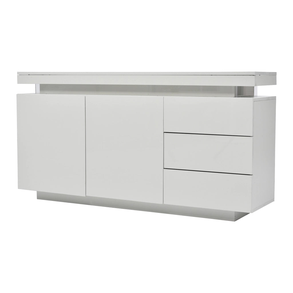 Credenza moderna bianca lucida con LED RGB, 2 ante e 3 cassetti, 140x35x72,5 cm