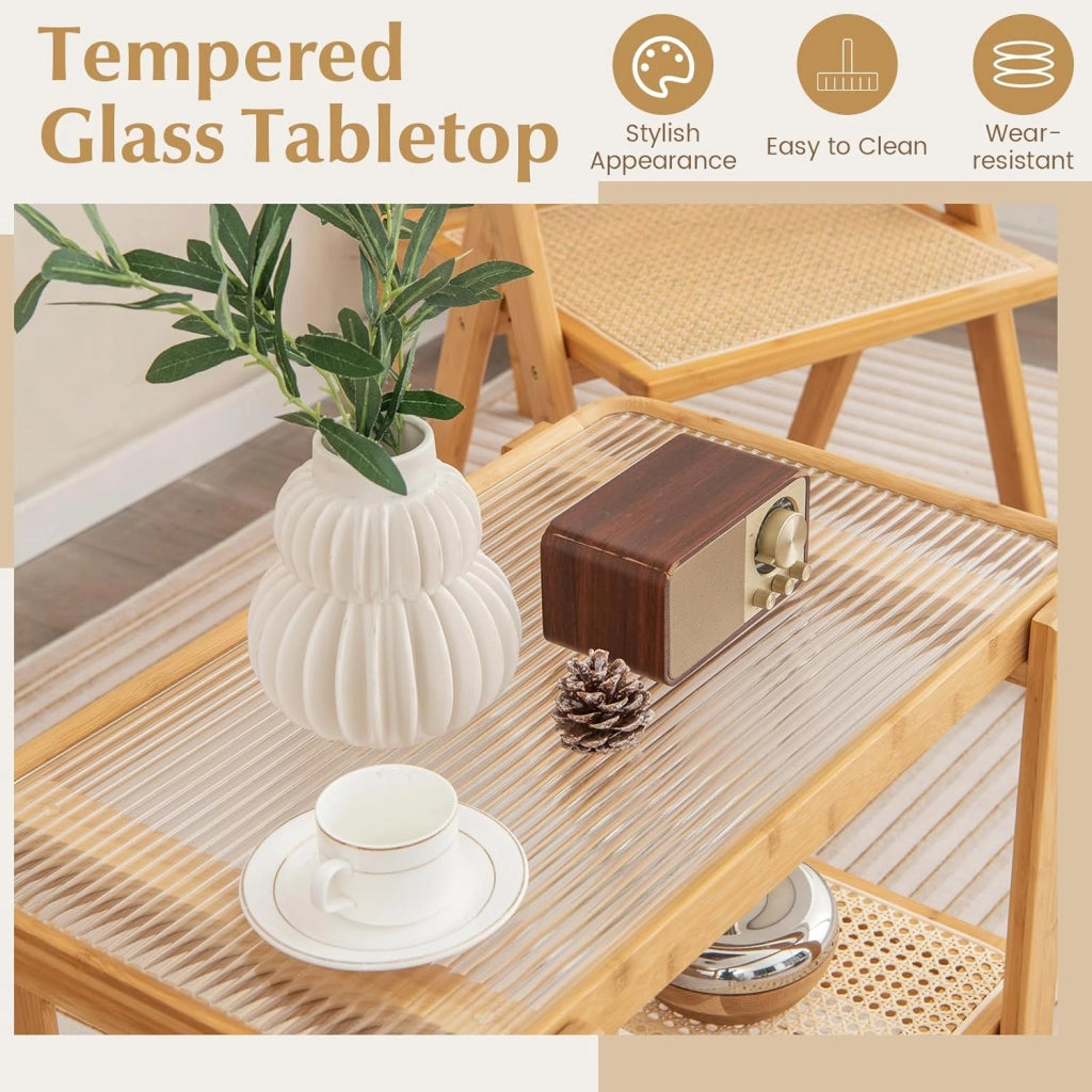 Tavolino ausiliario a 2 livelli, tavolo rettangolare laterale con piano in vetro e ripiano in rattan, comodino con cornice in bambù, per camera da letto e soggiorno, naturale