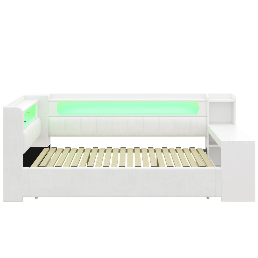 Letto estraibile da 90x200 a 180x200 cm; imbottito bianco con scrivania integrata; USB e LED