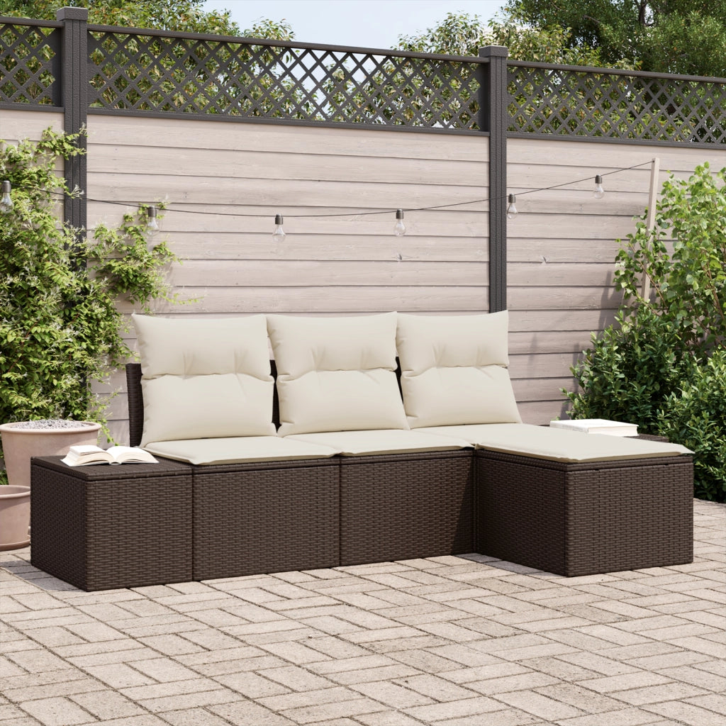 Set Divano da Giardino da 4 Pezzi con Cuscini Marrone in Polirattan