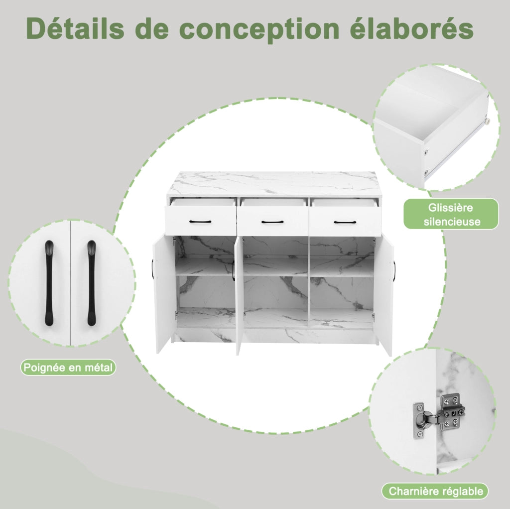 Isola da cucina con area bar 120 x 60 x 90;5 cm; 3 cassetti e 3 ante; bianco marmo