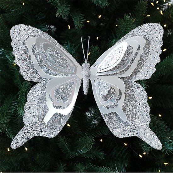 Decorazione da vetro per albero di Natale a due pannelli, decorazione per finestra con pailletti, decorazione per albero di Natale con effetto luccichio - argento 25 cm