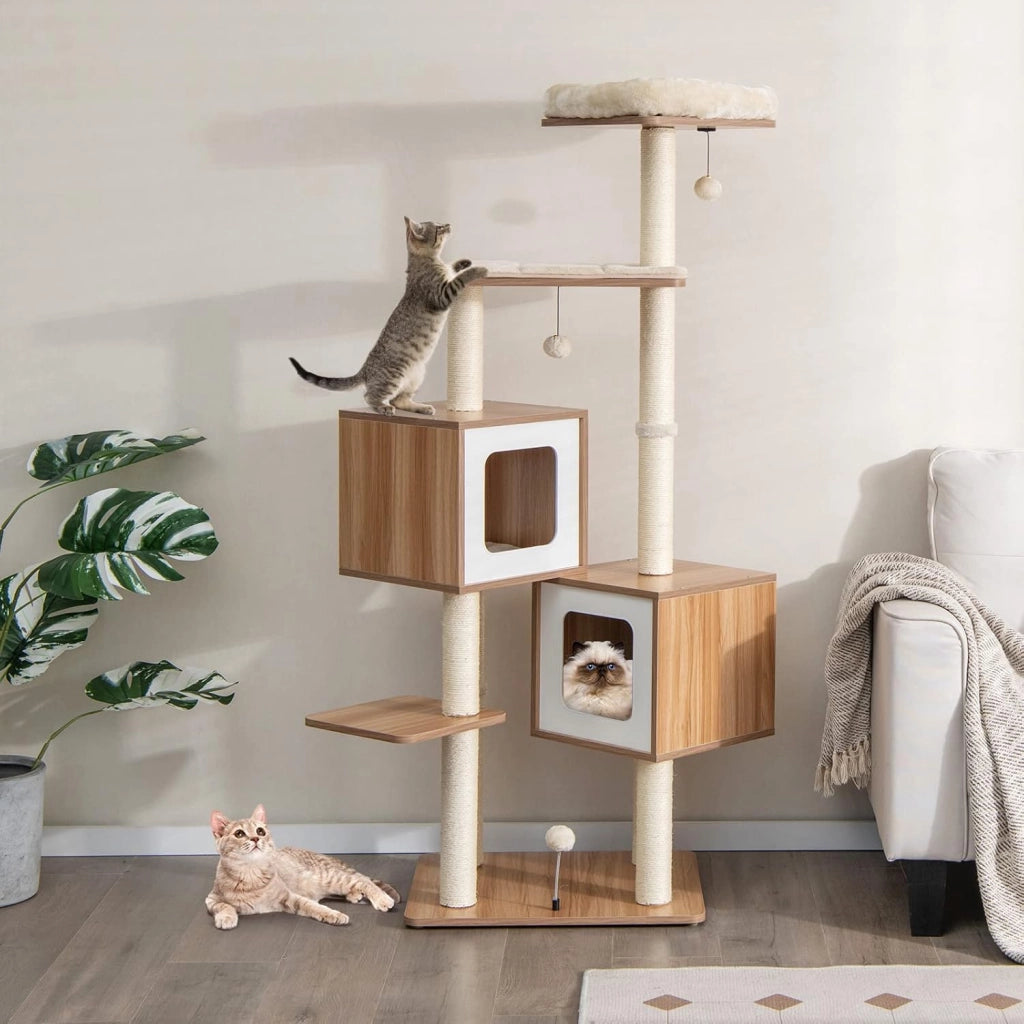 Tiragraffi per Gatti di Legno 163 cm, con Tiragraffi in Sisal, Cuscini Lavabili, Trespolo, 3 Palline e 2 Cuccia, Albero Tiragraffi per Gatti di Piccole e Grandi Dimensioni