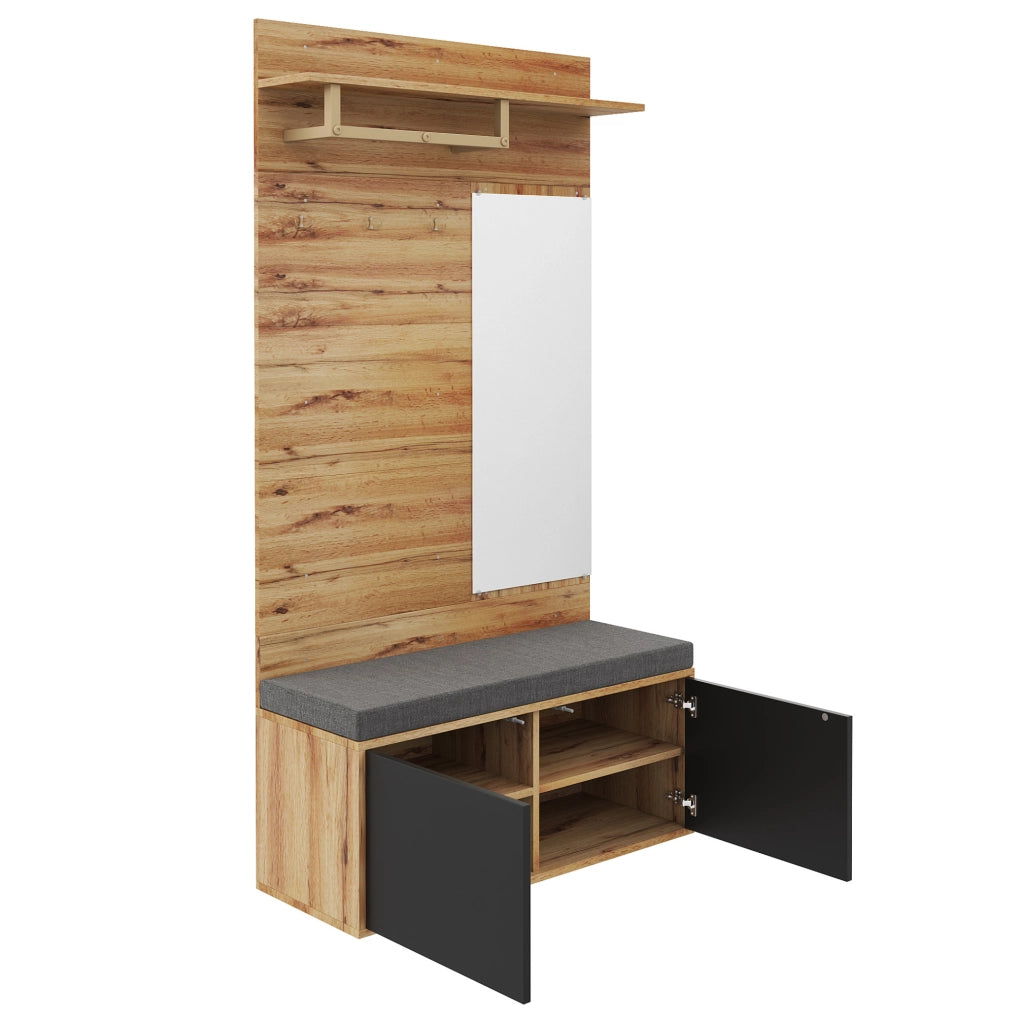 Mobile ingresso compatto con specchio; seduta imbottita e scarpiera; 110 x 38 x 190 cm; nero effetto legno