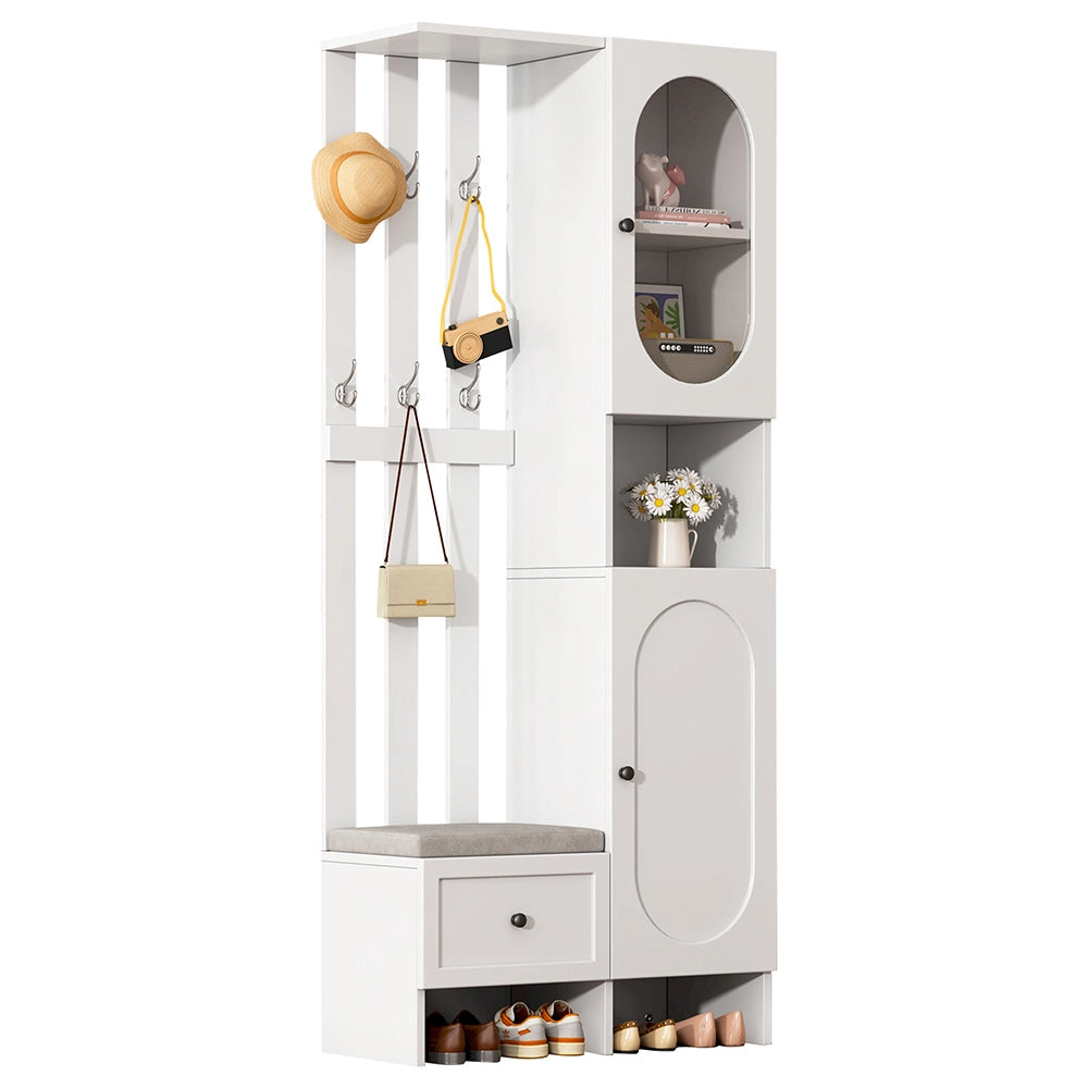 Armadio ingresso compatto 2 ante 85x33.5x200 cm - Xylo - con vetro temperato, panchina imbottita, bianco