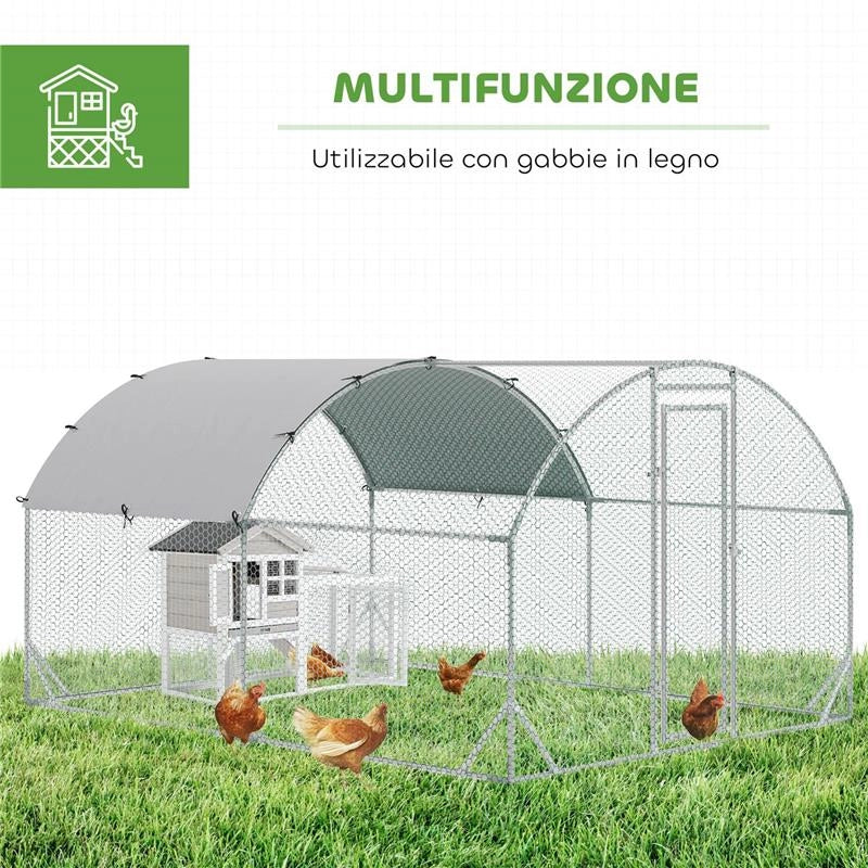 RECINTO PER GALLINE IN METALLO GALVANIZZATO CON TETTO E COPERTURA ANTI UV, 280X380X197 CM, ARGENTO