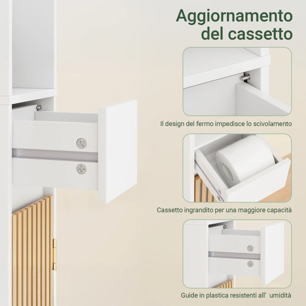 SoBuy BZR34-BW Mobile Bagno Salvaspazio Colonna Armadietto Alto con 6 Ripiani Regolabili, Mobiletto da Bagno con Ante in Bambù, Mobiletto Stretto per Piccoli Spazi, Bianco, 20x20x180cm