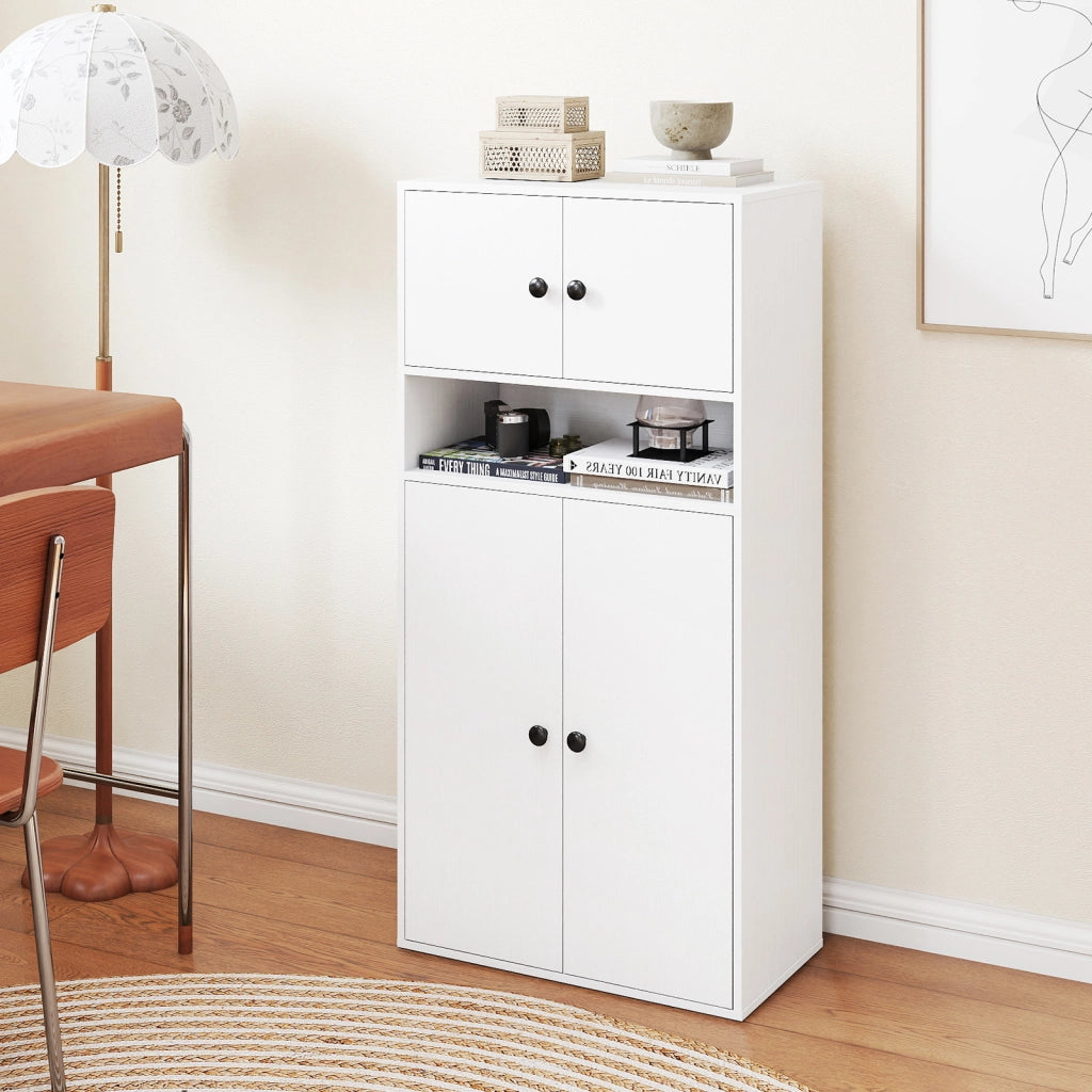 Libreria alta 111 cm con 4 ante-Vetrina autoportante con 2 kit anti-ribaltamento per casa Bianco