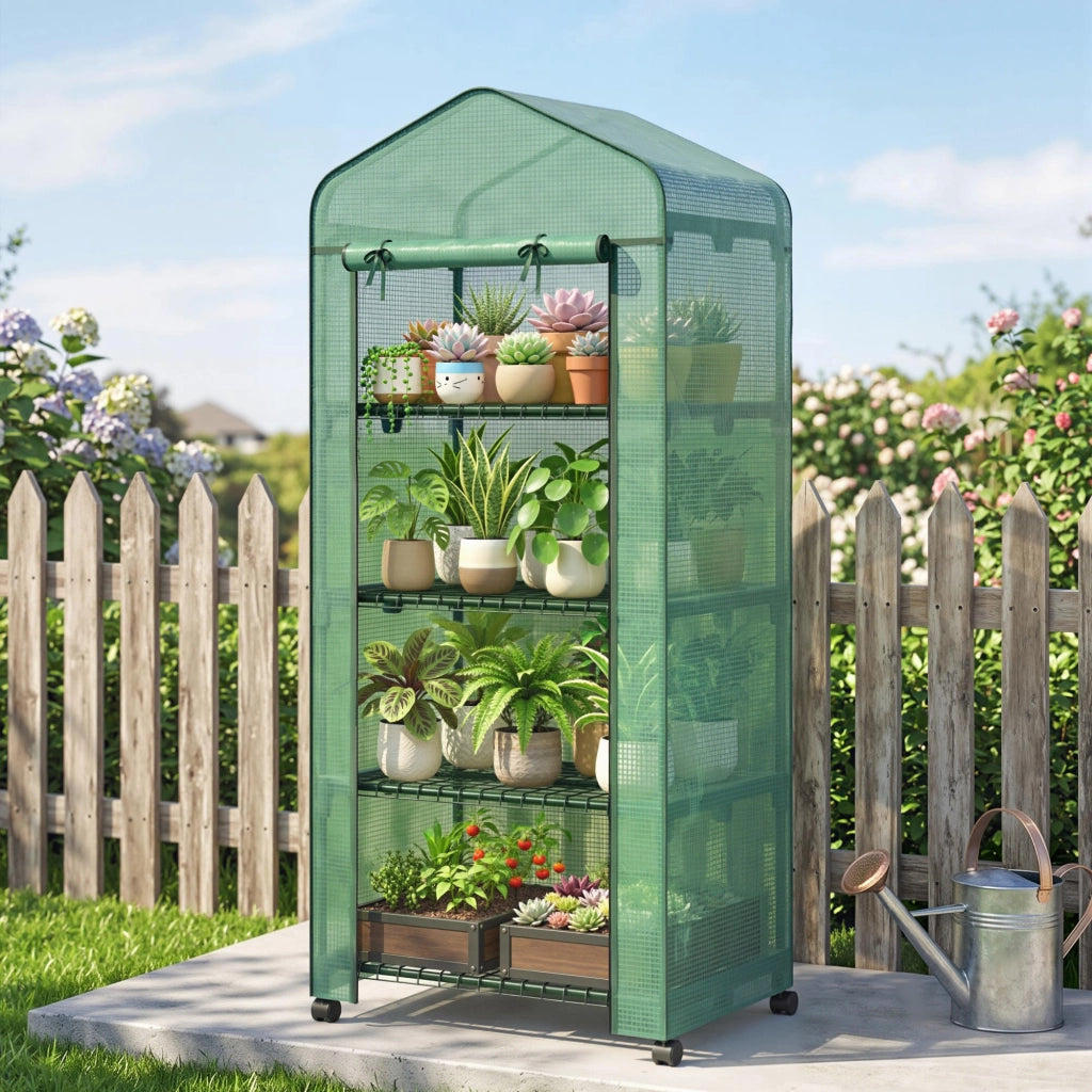 Serra da Balcone a 4 Livelli con 4 Rotelle e Ingresso Avvolgibile, in Acciaio e PE, 69x50x165 cm, Verde