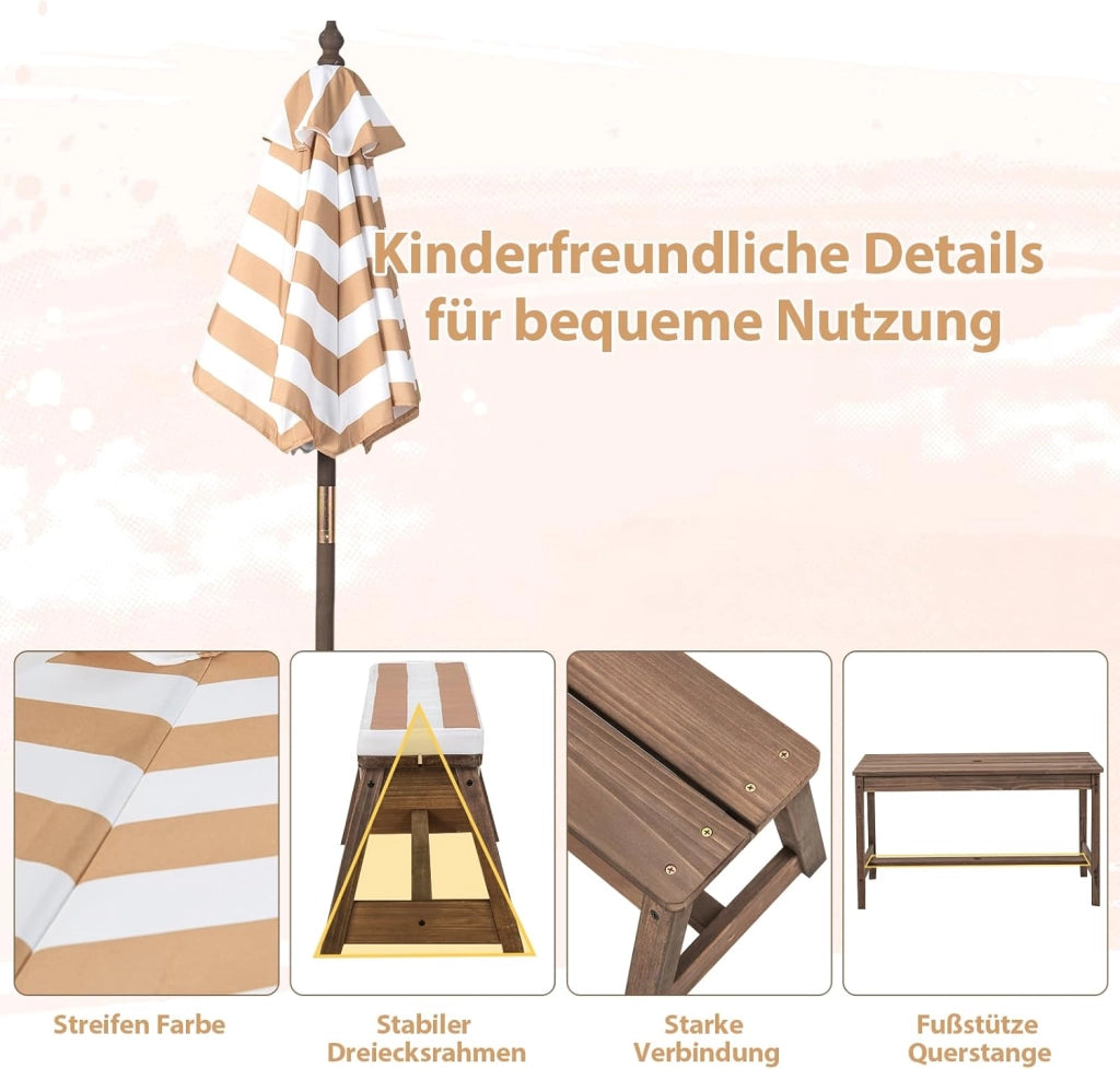 Set di Tavolo Picnic per Bambini con Ombrellone Regolabile, Panche per Bambini in Legno di Abete con Parasole e Cuscini Morbidi, Tavolo e Panchine Pranzo da Giardino e Parco (Marrone)