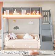 Letto a soppalco 90x200 cm con LED; scala e vani portaoggetti grigio