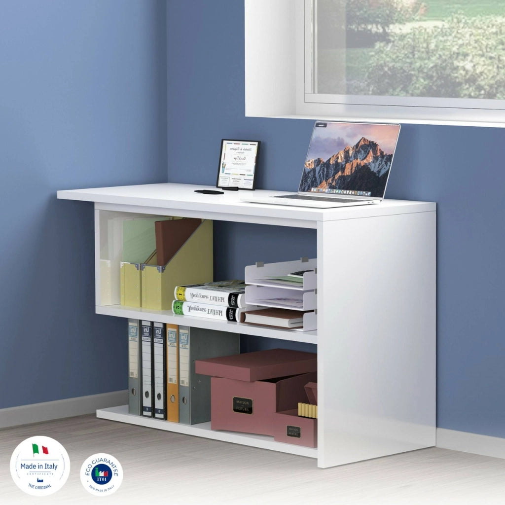 Topazio, Scrivania 2 Cassetti Made in Italy, 120x50x75h cm Bianco Lucido