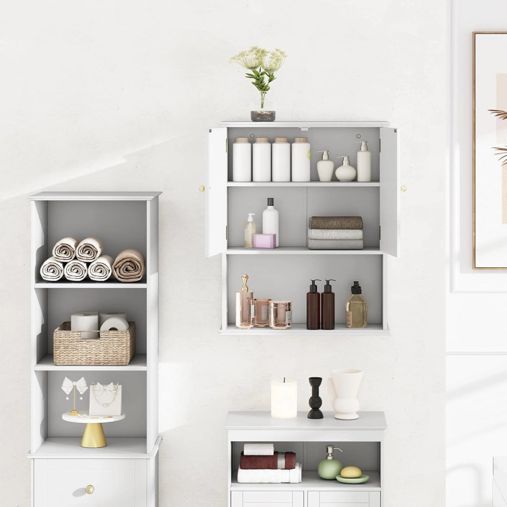 Armadio pensile a 2 ante e ripiano regolabile in altezza, armadietto per medicinali con ripiano aperto per asciugamani, armadietto da bagno per bagno, soggiorno e cucina, 60 x 21 x 75 cm