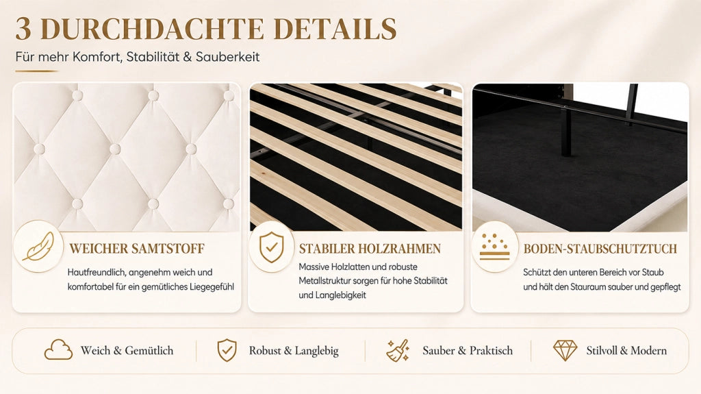 Letto contenitore imbottito 180x200 cm in velluto beige con testiera multifunzionale, LED, USB e tipo C