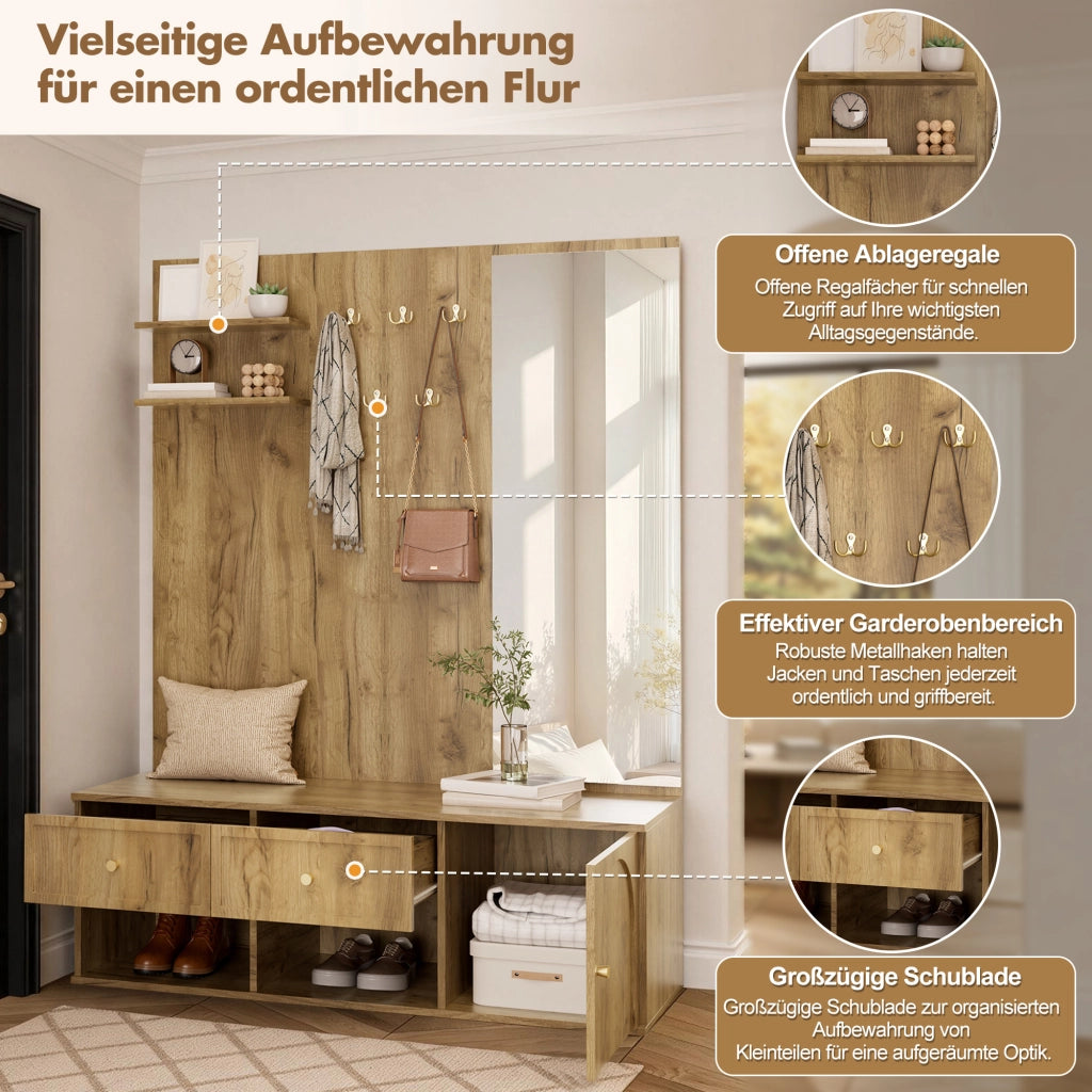 Mobile da ingresso con specchio intero 5 ganci 2 cassetti in truciolare effetto legno naturale 120 × 35 × 159 cm