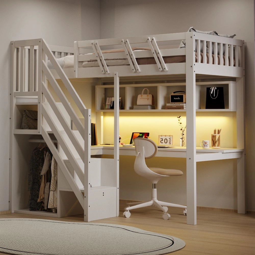 Letto a Soppalco in Legno Massello con Scrivania, LED e USB ¨C MINIMAL ¨C Singolo 90x200 Bianco