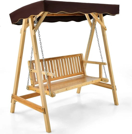 Bancopendolo in legno, 2 posti, giardiniera oscillante con tetto solare regolabile e catena metallica, bancopendolo fino a 240 kg sostenibile per veranda, giardino, piscina