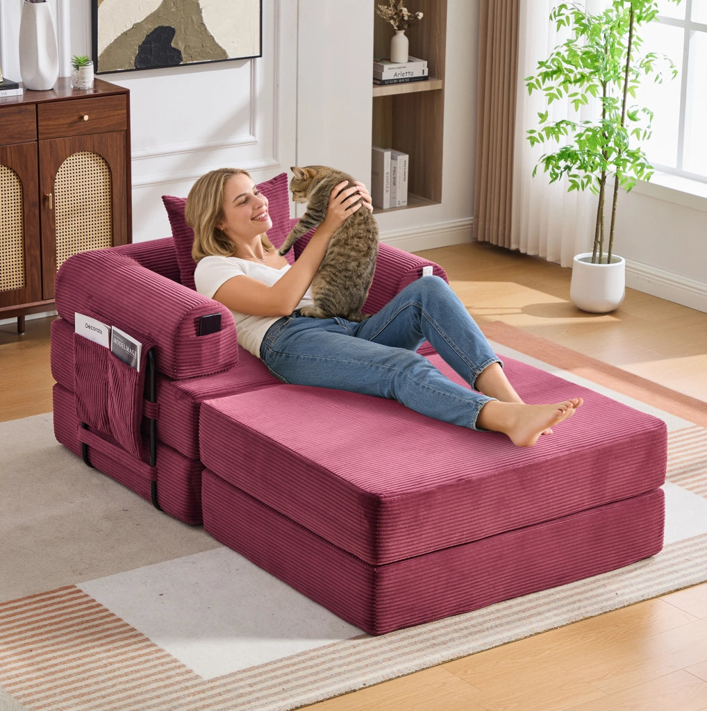 Divano modulare in velluto a coste bordeaux 112x190x67 cm con pouf; cuscino e tasca laterale