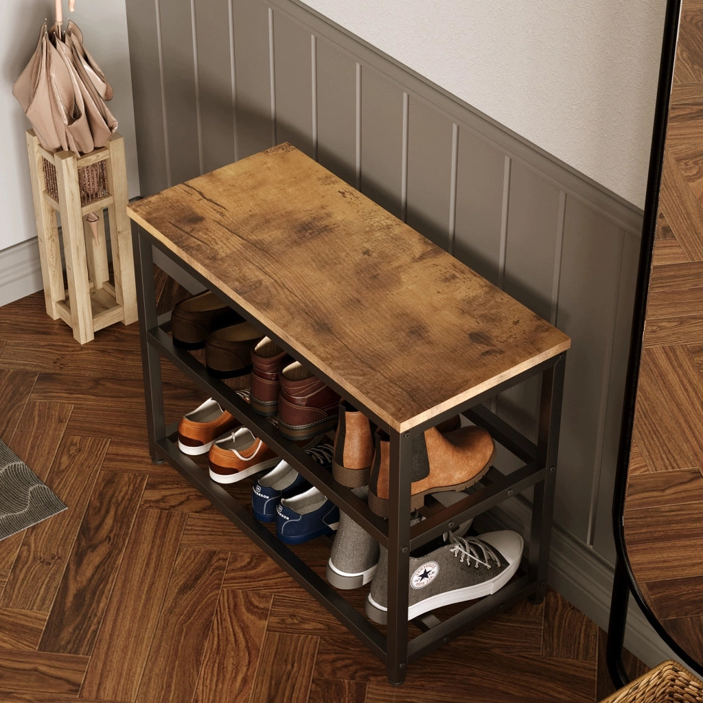Scapino per scarpe con seduta, ripiano ampio, stile industriale/loft/retrò, in legno, 60 cm