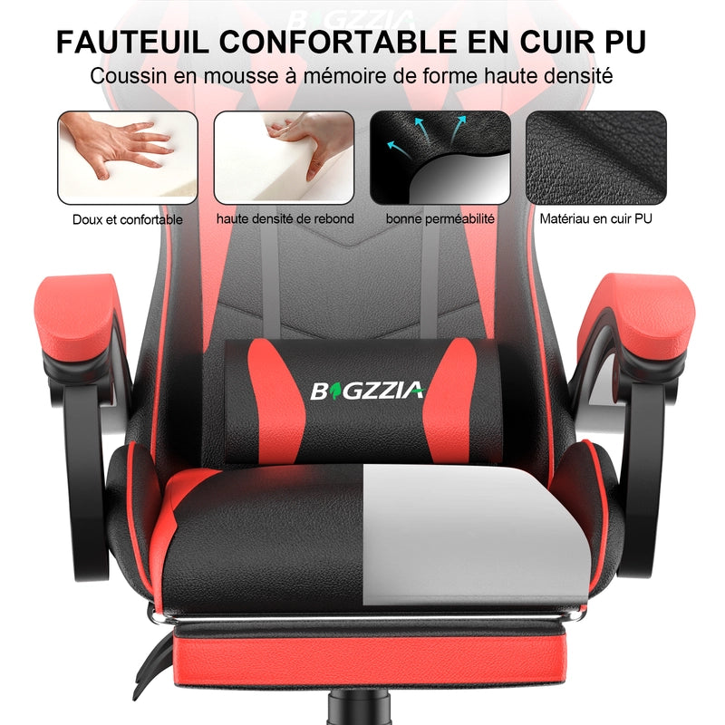 Sedia da gioco, sedia da gioco ergonomica  in similpelle,altezza regolabile, con poggiatesta e supporto lombare, poggiapiedi, nero e rosso