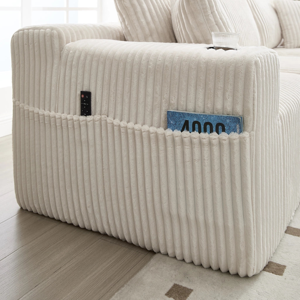Divano Modulare con Chaise Longue, Tasche Laterali, Portabicchieri e 5 Cuscini, in Velluto a Coste Beige