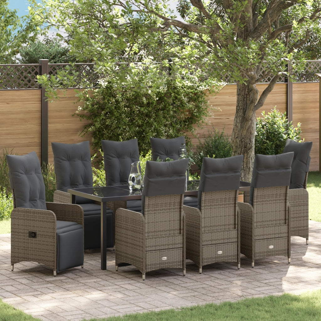 Set da pranzo da giardino 9 pezzi con cuscini in polirattan grigio