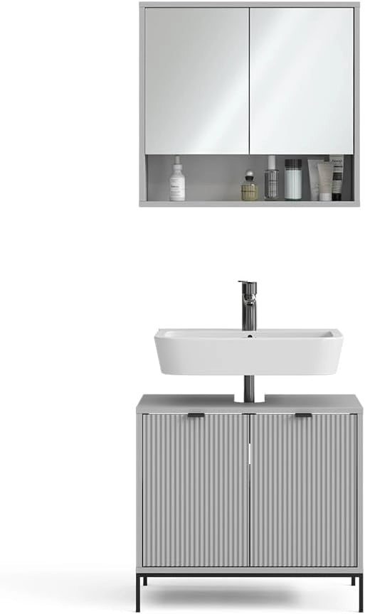 Set di mobili da bagno Eliza, Grigio, 70 cm, composto da specchio da bagno e mobile sottolavabo